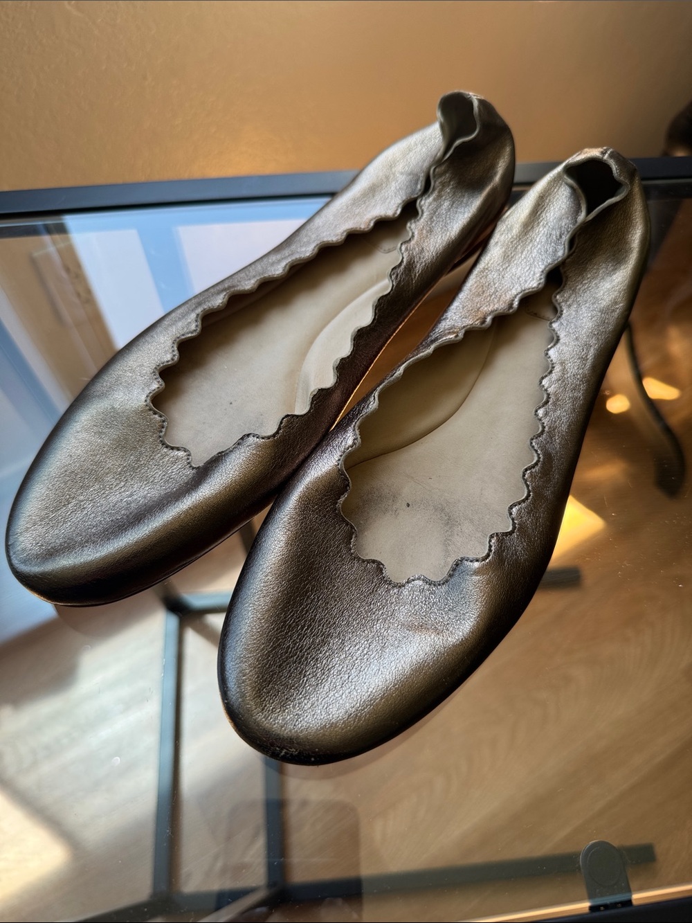 Chloe Metallic Bronze Scalloped Edge Ballet Flats, size 41